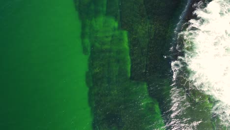 Aerial-drone-nature-Bird's-eye-view-of-green-ocean-reef-with-surfer-waiting-near-channel-waves-landscape-shot-of-Pacific-Ocean-Central-Coast-NSW-Australia-4K