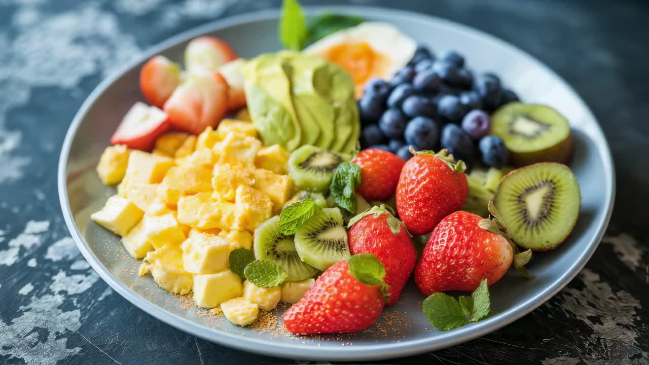 Beautifully arranged breakfast bowl featuring diced cheese, fresh strawberries, blueberries, kiwi, avocado slices, and a soft boiled egg on a gray plate