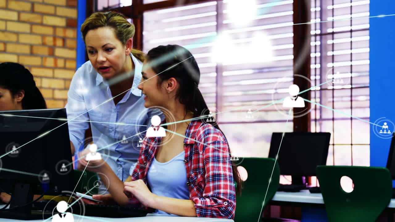 Animation of network of connections with icons over diverse students using computers in classroom