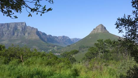 Beautiful-establishing-shot-of-Table-Mountain-and-Lion's-Head-peak-Cape-Town-South-Africa