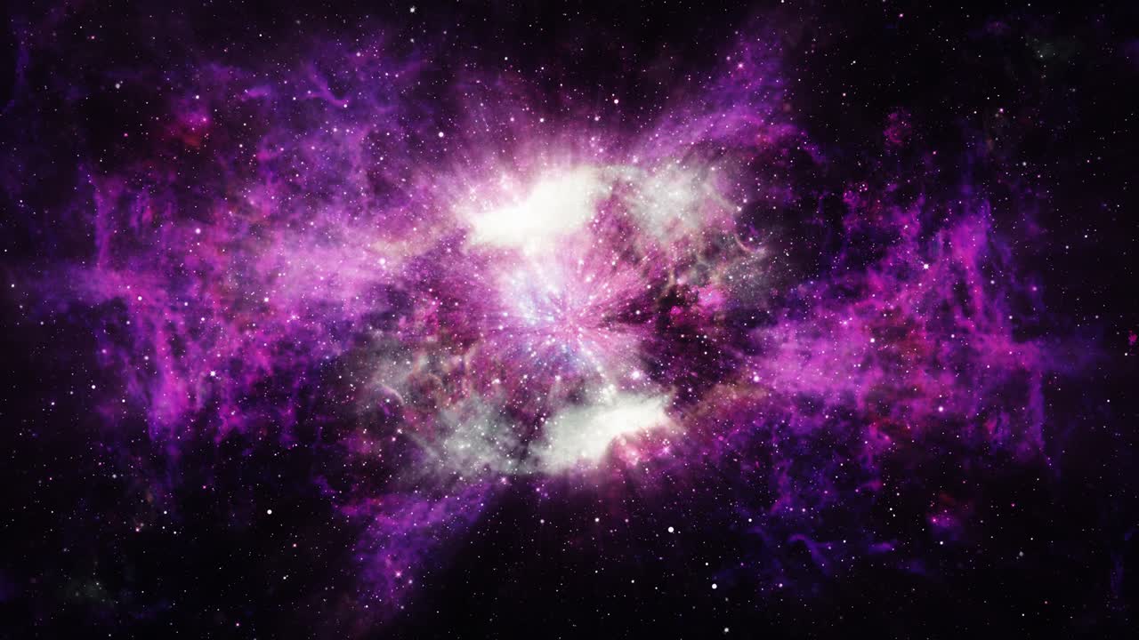 4K 3D渲染无缝循环太空背景，伴随着璀璨的紫色星云和闪耀的星星。飞越深空中的星云和星域。超空间抽象背景。梦幻色彩星系。