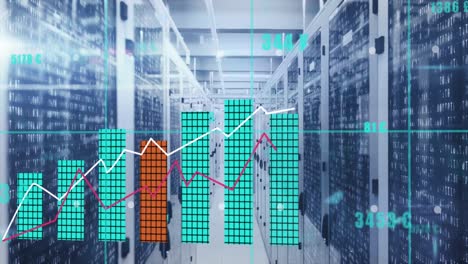 Animation-of-statistical-data-processing-over-grid-network-against-computer-server-room