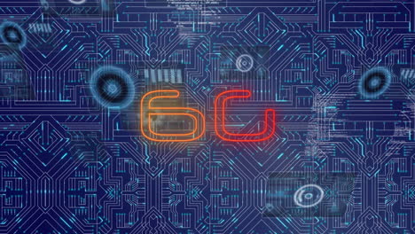 animation of 6g text, data processing and scopes scanning on screens over computer circuit board