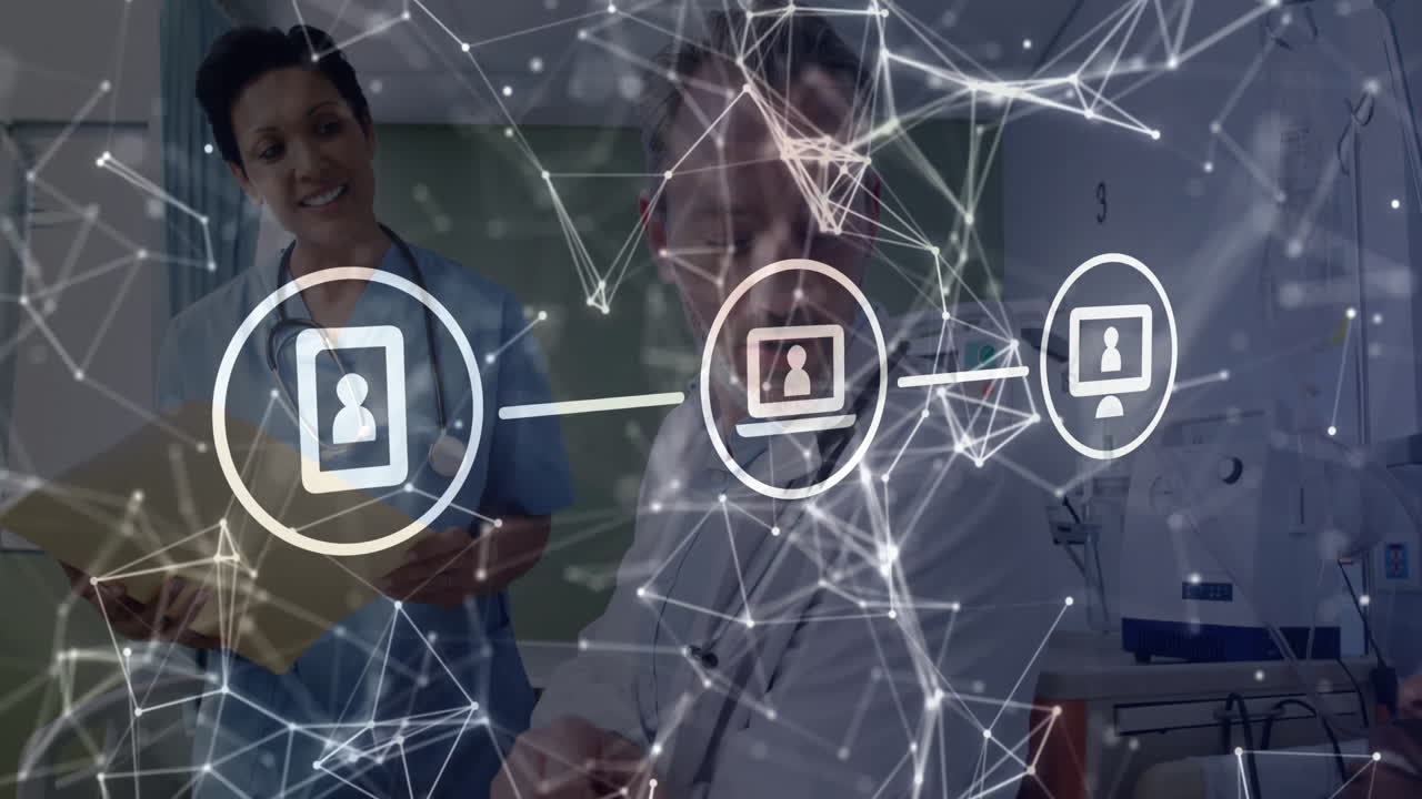 Medical team reviewing data in hospital bay, holding folder and stethoscope, showing network icons