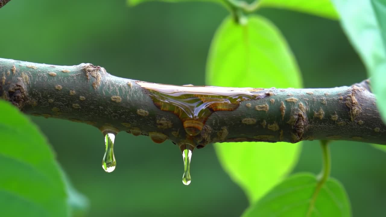Captivating Close-Up of Nature: Glimmering Drops of Resin on a Vibrant Green Tree Branch with Lush Leaves Glistening in the Background