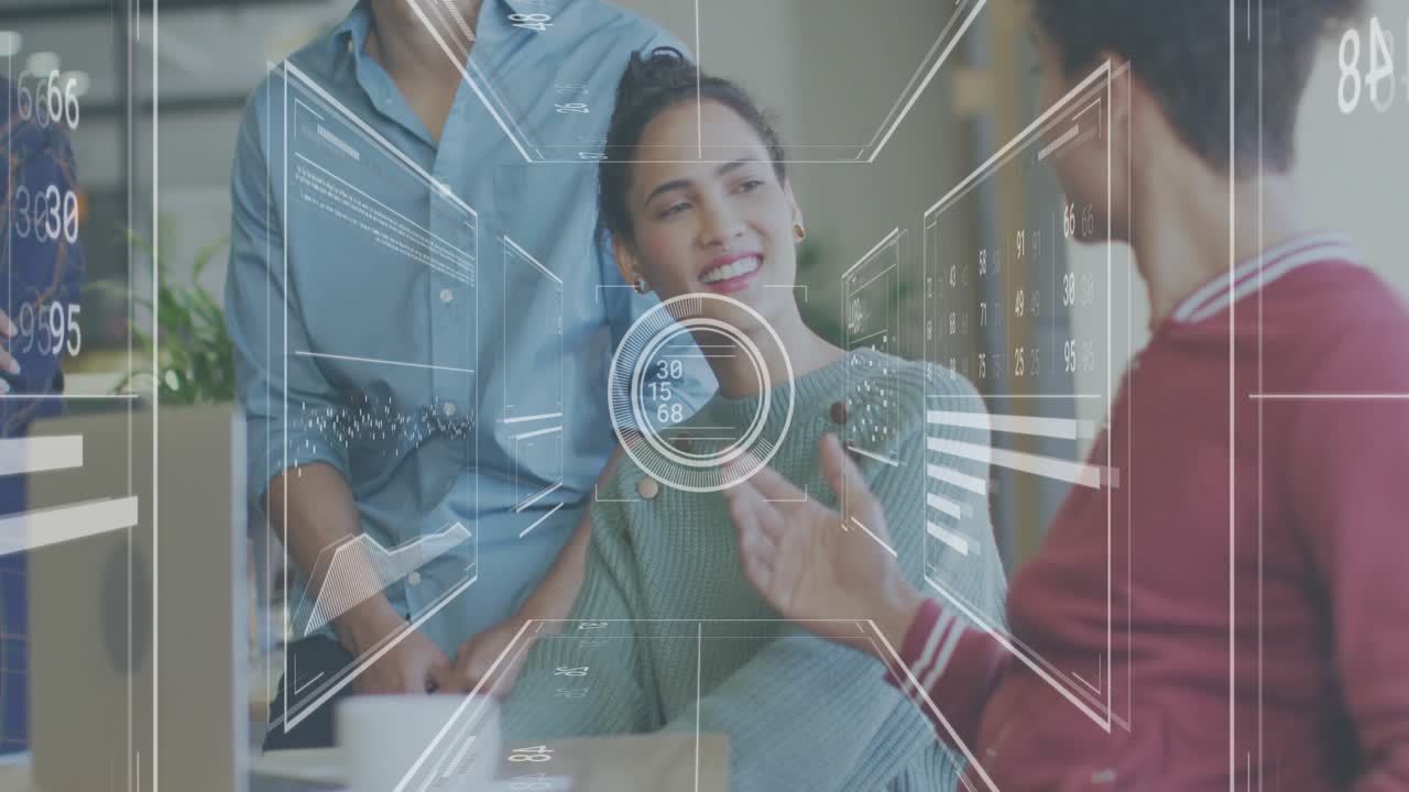 Mid adult woman typing keys in office, displaying holographic charts enabling tech data discussion