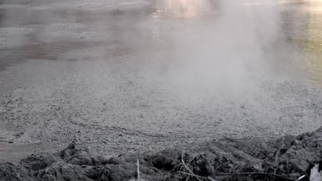 vapor ascendente y pequeñas burbujas a lo largo de la orilla de las piscinas de lodo caliente wai-o-tapu en nueva zelanda