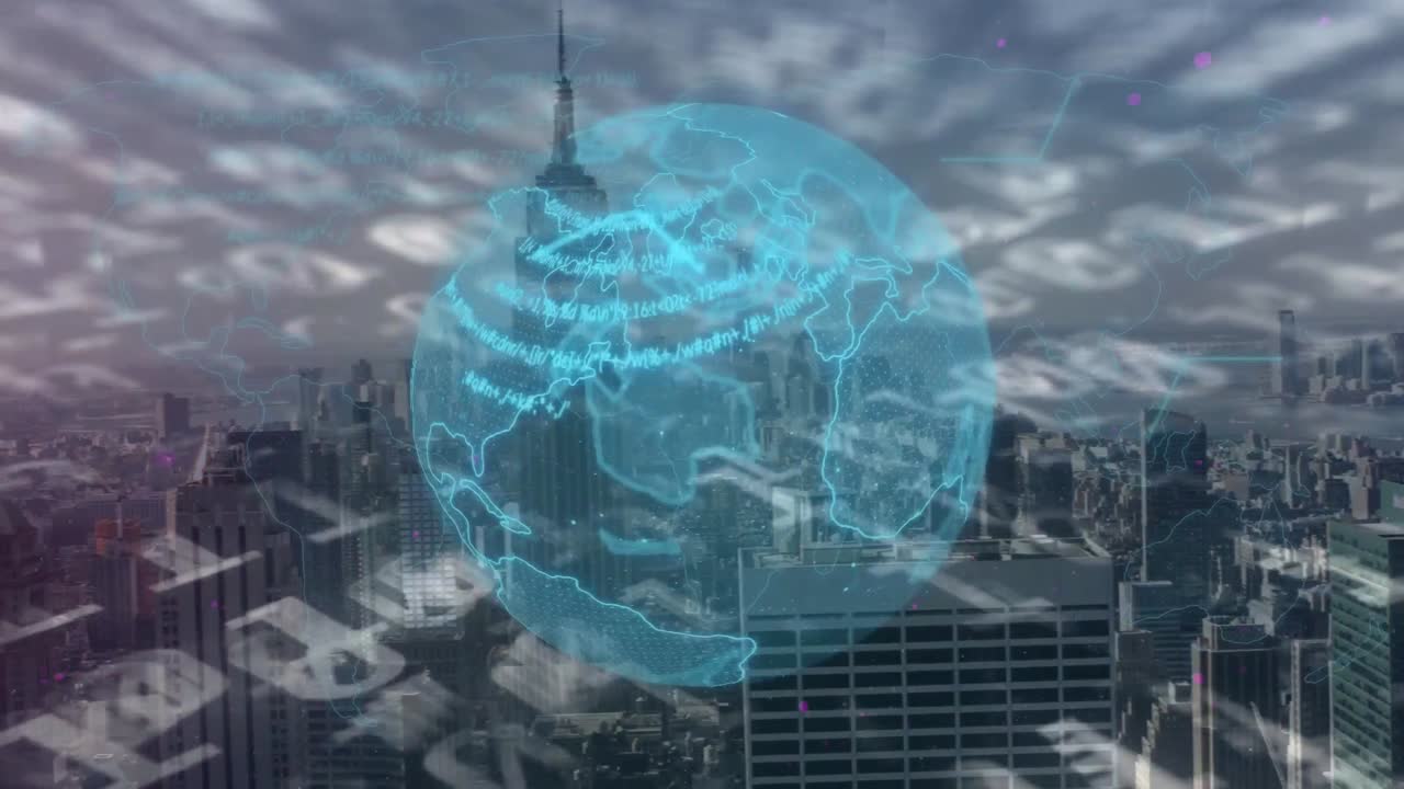 Animation of globe over data processing and cityscape