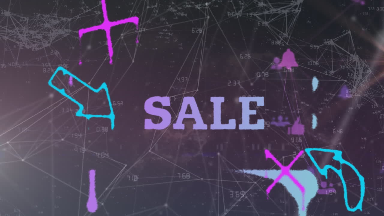 검은색 바탕에 데이터 처리 및 연결 네트워크를 통해 판매 텍스트의 애니메이션