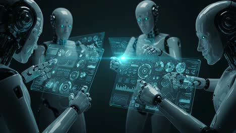 futuristic robots analyzing data through holographic interfaces in a high-tech environment showcasing advanced technology and intelligence