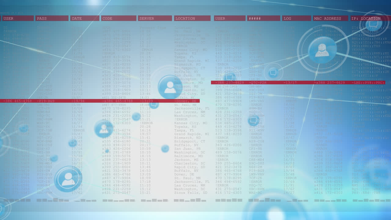Animation of connected icons with lines over abstract interface against blue background