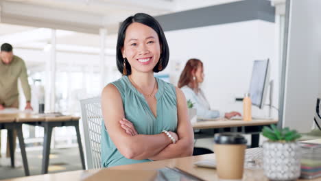 success, office and asian business woman at desk