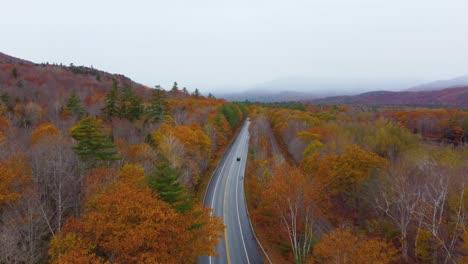 Tracking-drone-shot-over-a-highway-on-Mount-Washington,-moving-above-the-trees-on-the-left-side-of-the-frame-in-New-Hampshire,-United-States-of-America