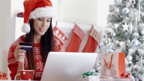 Mujer-Sonriente-Haciendo-Compras-Navideñas-En-Línea