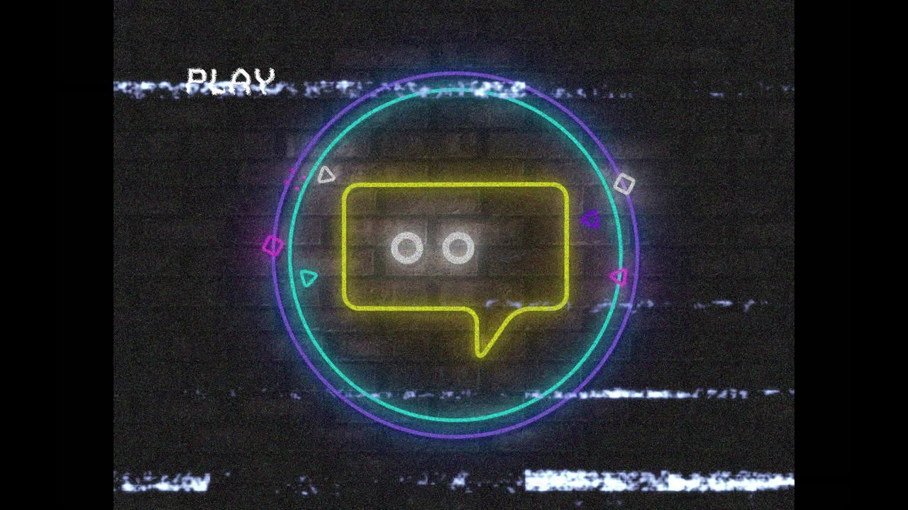 Animation of screen with glitch and neon circle with message icon on black background