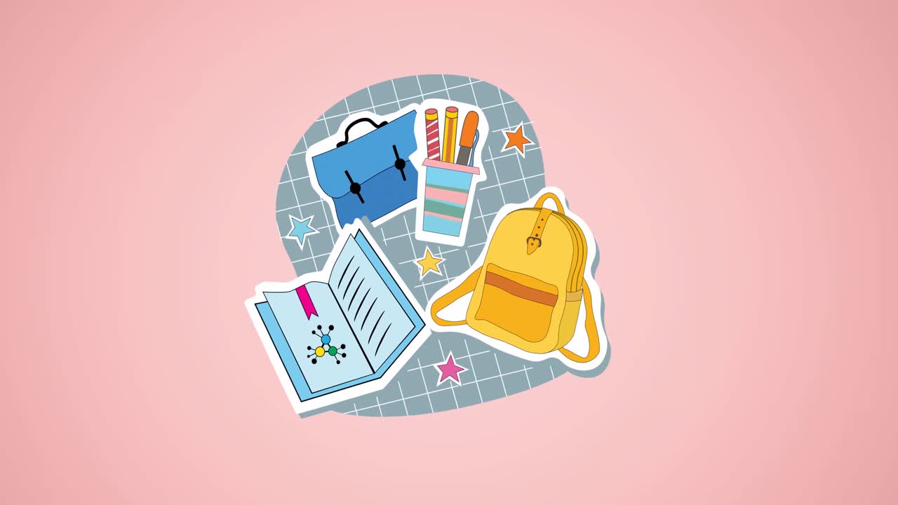 학교 아이템의 아이콘이 분홍색 배경에 움직이는 애니메이션