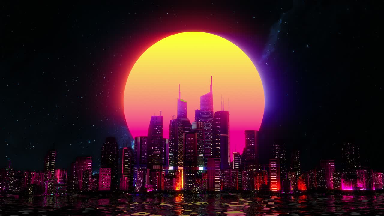 Synthwave city against large moon, pink and purple neon lights background, loop
