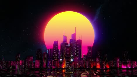 synthwave city against large moon, pink and purple neon lights background, loop