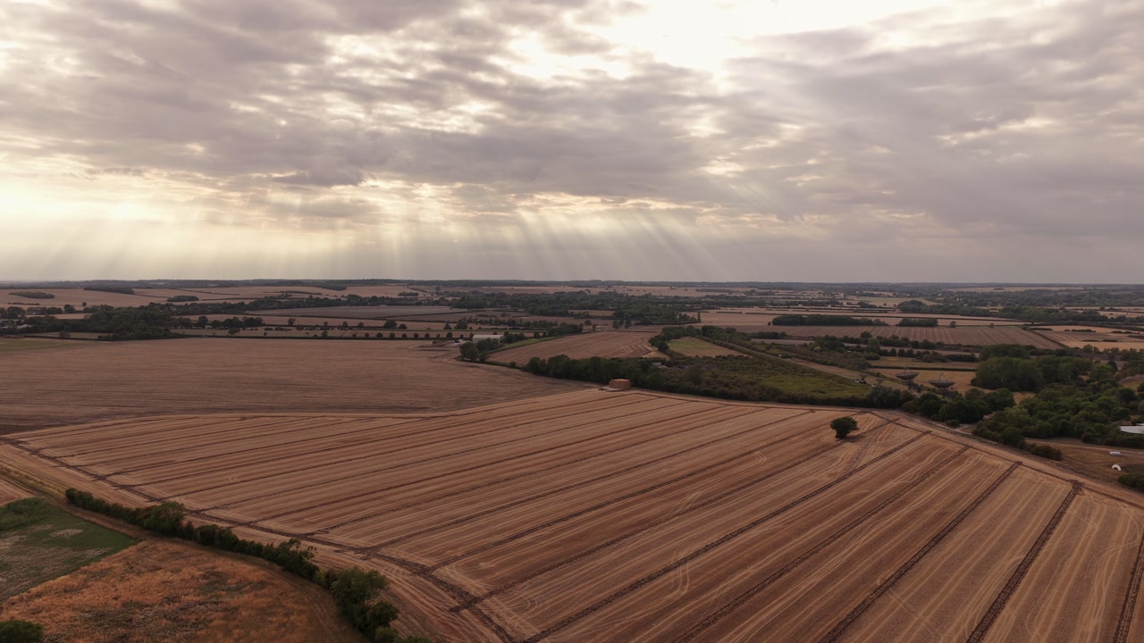 Vast Farmland Countryside At Sunrise Near Cambridge Observatory In England, United Kingdom. Aerial Drone Shot