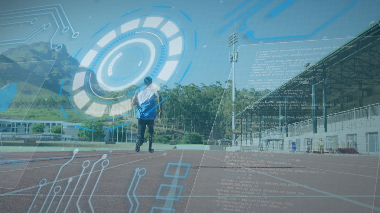 animación del procesamiento de datos sobre un corredor afroamericano discapacitado