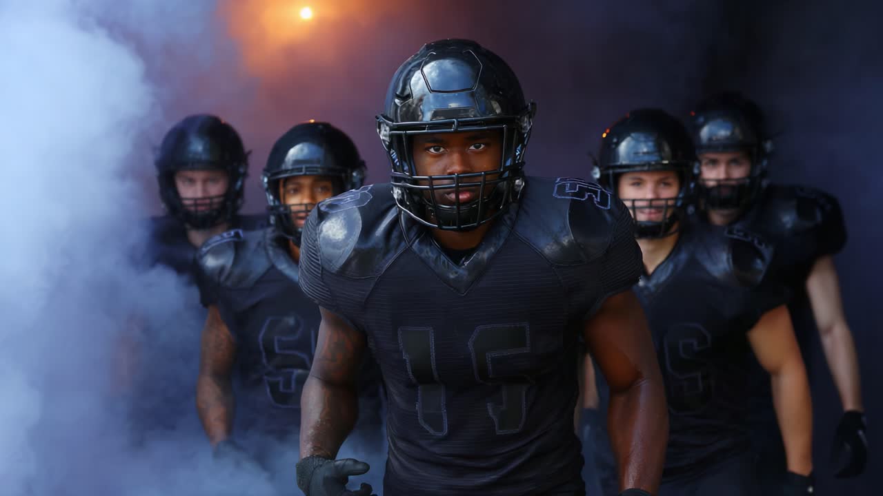 Dynamic Moments Captured: A Team of Athletes in Black Uniforms Emerging from the Fog, Ready to Conquer the Field with Determination and Strength