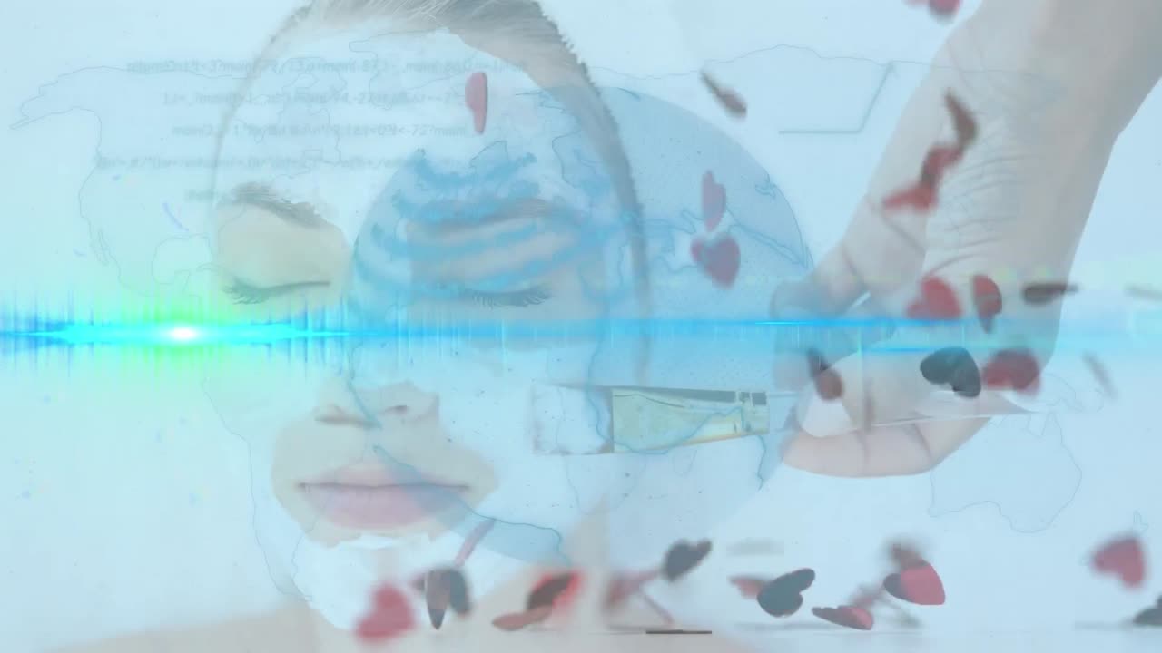 마스크를 쓴 백인 여성에 대한 데이터 처리의 애니메이션.