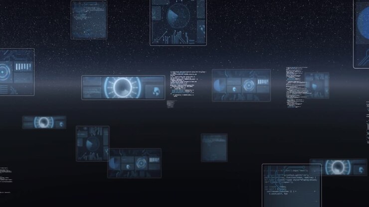Animation af områdescanning, statistikregistrering, roterende globus og databehandling på skærme