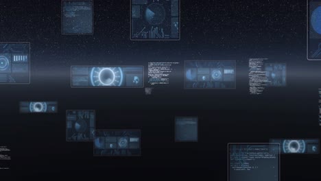 Animation-Des-Scannens-Von-Zielfernrohren,-Der-Statistikaufzeichnung,-Des-Globusdrehens-Und-Der-Datenverarbeitung-Auf-Bildschirmen