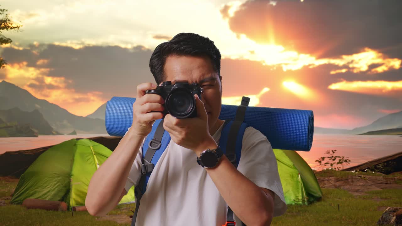 Photographer on a Camping Trip at Sunset