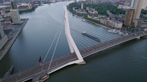 tilting down drone shot boat passing underneath erasmus bridge, rotterdam