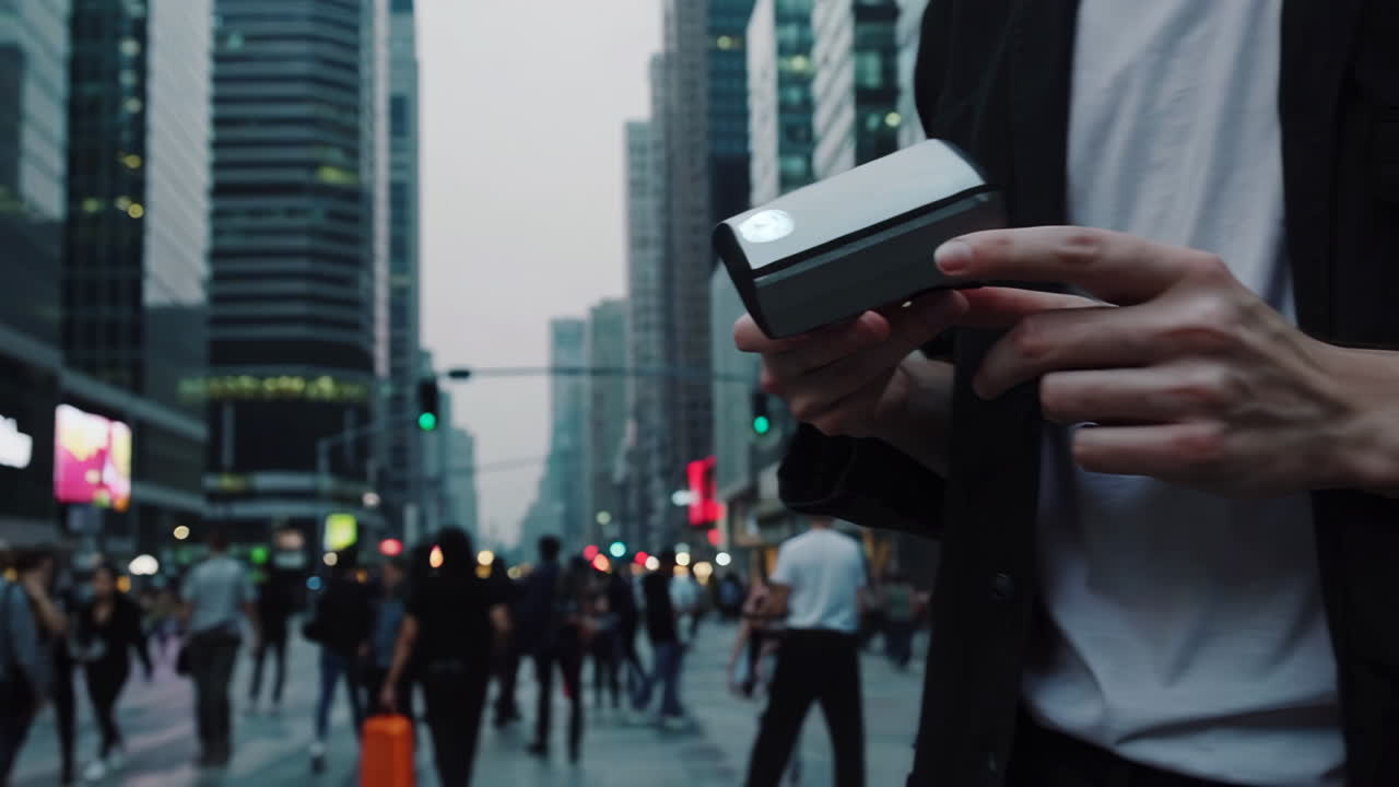 City street scene at twilight with people and a handheld device