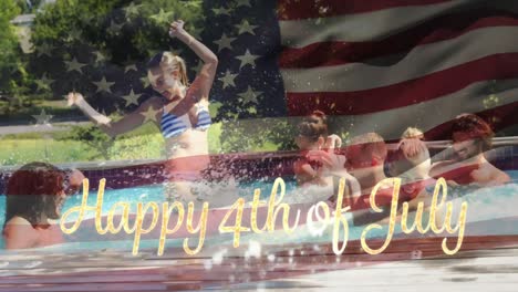 Friends-in-a-pool-and-the-American-flag-with-a-Happy-4th-of-July-text