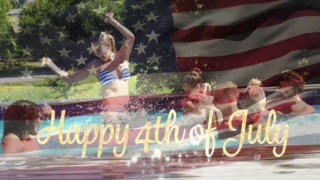 amigos en una piscina y la bandera estadounidense con un feliz 4 de julio texto