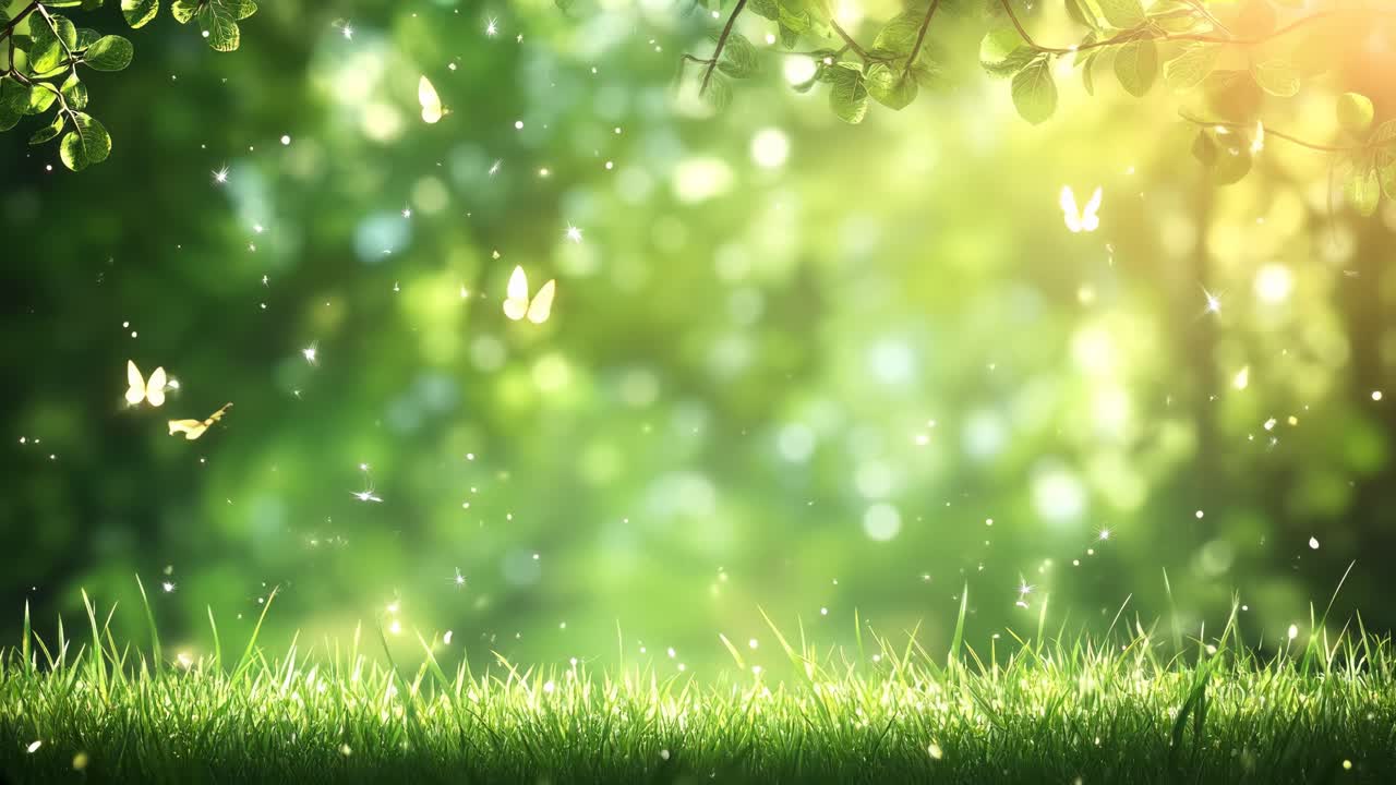 A dreamy, sunlit meadow with butterflies and sparkles, captured from a low-angle, evokes a magical