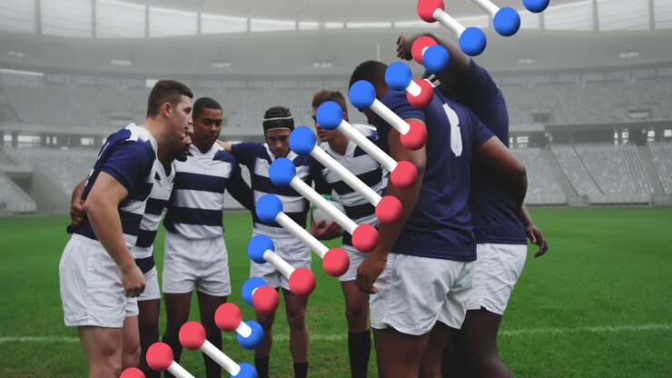 Animazione di un filamento di DNA su giocatori di rugby maschi allo stadio