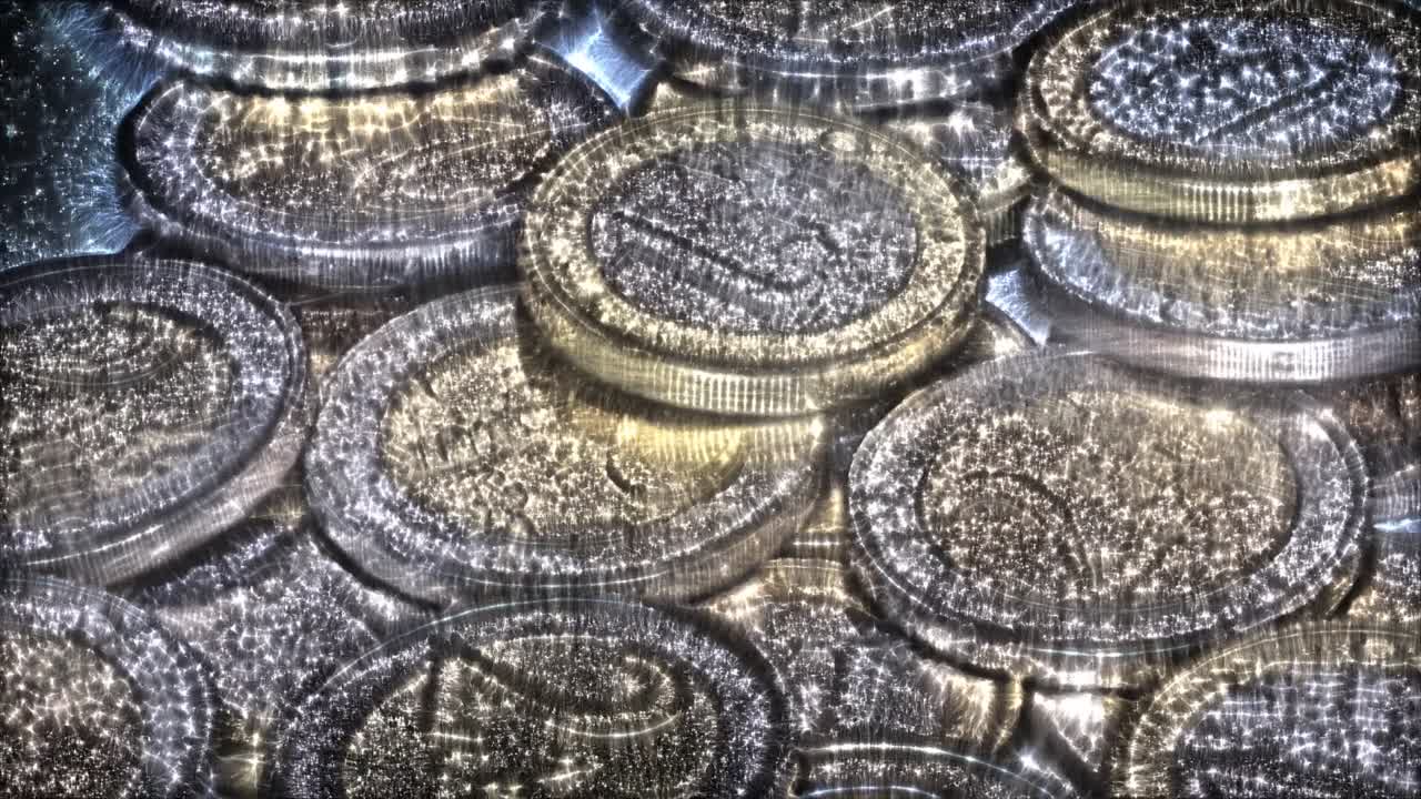 많은 유로 동전의 루프 가능한 키를리안 오라 (kirlian aura) 는 원으로 회전하는 근접 시각입니다.