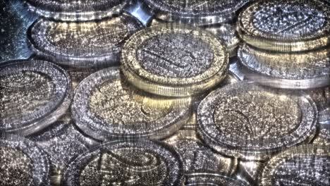 loopable kirlian aura on many euro coins in close up view spinning in circle