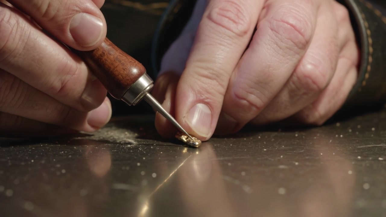 Lowering awl tool, hands engraving small gold piece on metal bench, detailing, work jacket cuff