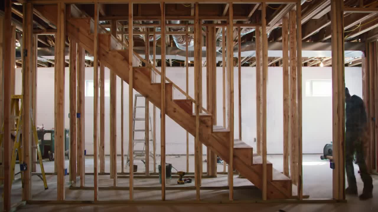 A dedicated worker constructs a wooden staircase in a basement undergoing renovation. The area is framed and ready for finishing touches. Tools and equipment are visible throughout the space.