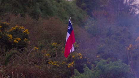 Patriotic-chilean-flag-waving-in-the-coast-of-Castro,-Chiloé-Archipiélago-south-of-Chile