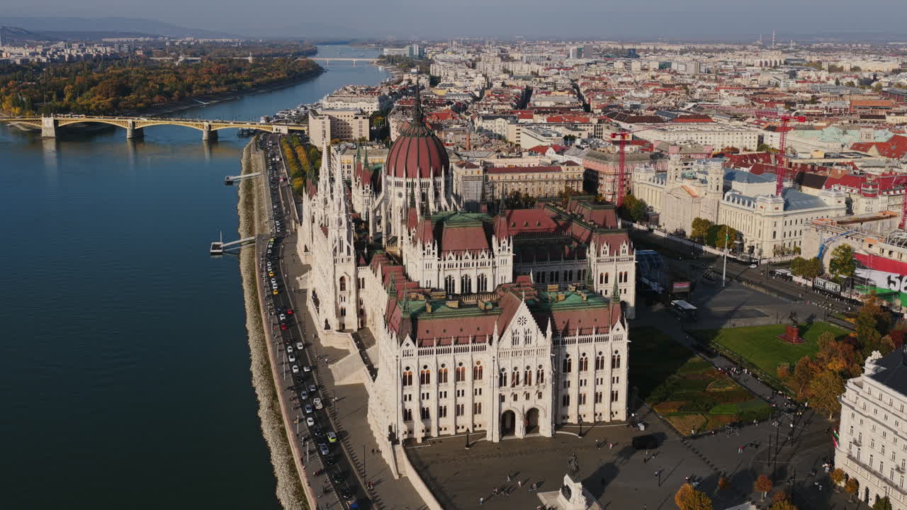 Drone view of Budapest’s Parliament with the Margaret Bridge and Margaret Island visible on the calm Danube waters
