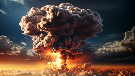 dramatic explosion over clouds at sunset with fiery glow and dark smoke