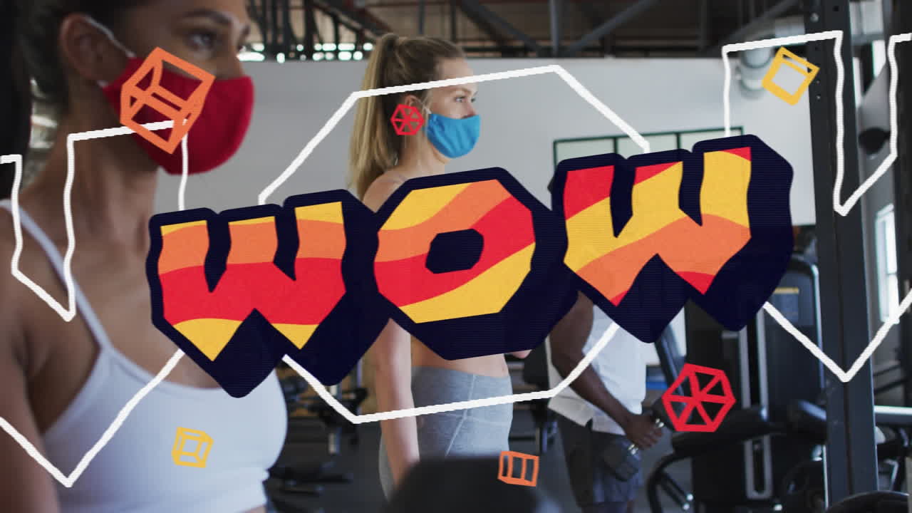 다양한 그룹이 얼굴 마스크를 착용하여 운동하는 단어의 애니메이션