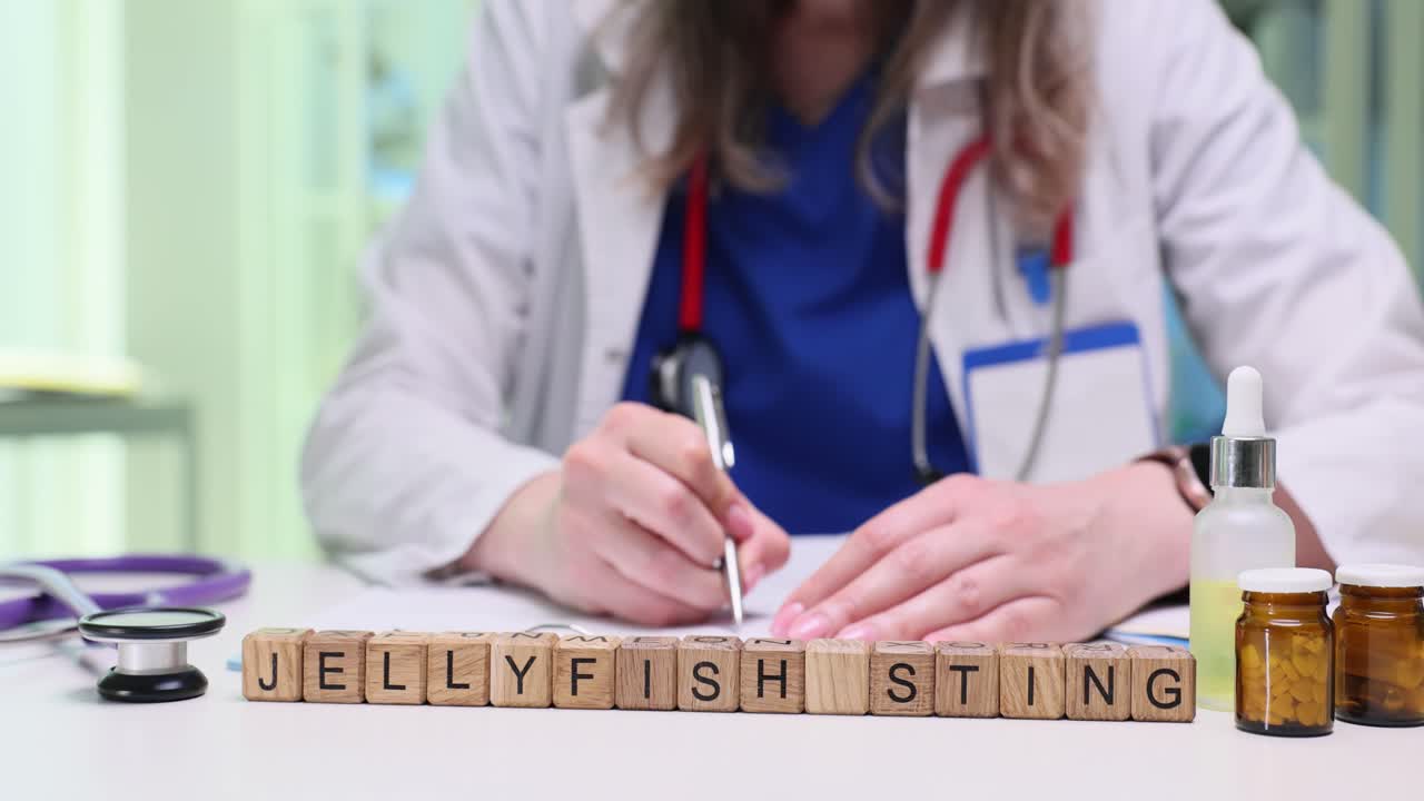 Doctor with 'Jellyfish Sting' blocks and medical supplies