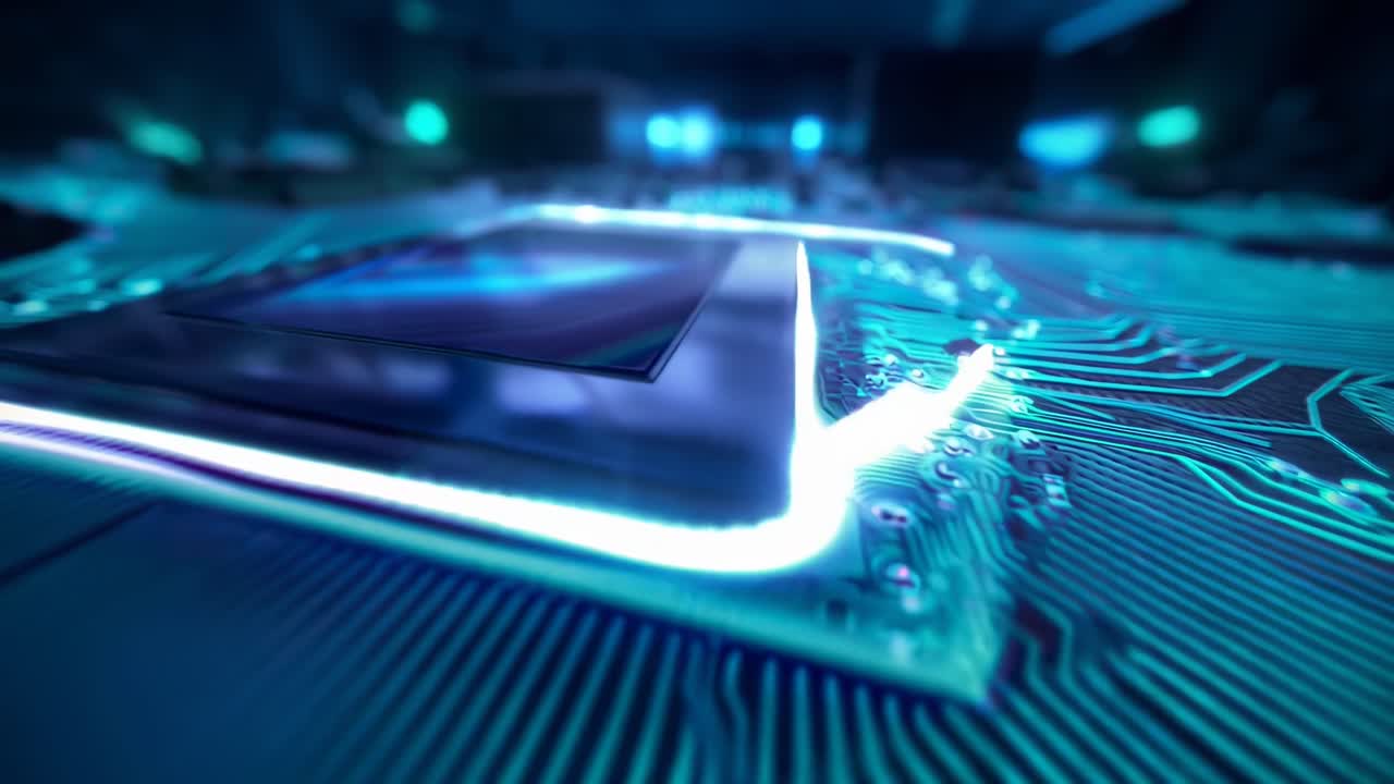 Close-up, low-angle view of a glowing circuit board, ideal for tech-themed video content