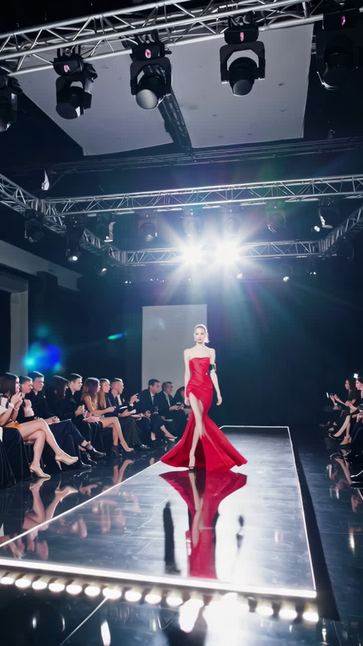 Fashion Model in Red Dress on Runway