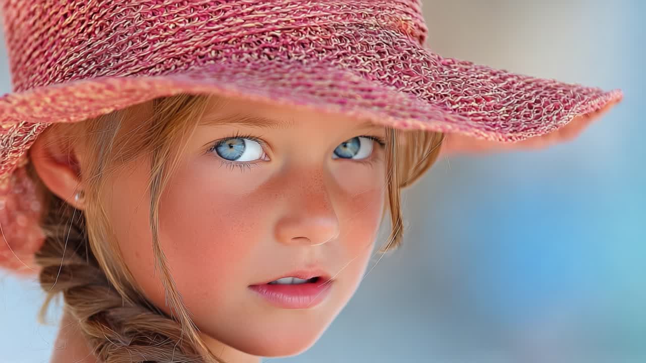 Una giovane ragazza con incantevoli occhi blu guarda pensierosa mentre indossa un elegante cappello rosa, incarnando innocenza e bellezza in un vivace ambiente esterno.