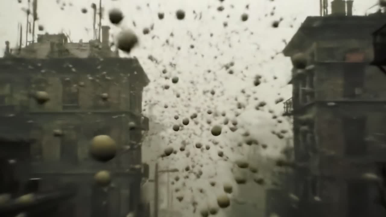 A Haunting Urban Landscape Filled with Suspended Particles, Captured in a Moment of Atmospheric Mystery and Intrigue, Suggesting a Story Beyond the Visual Scene