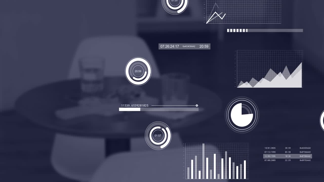 Animation of multiple graphs, loading circles, graphs over unoccupied chairs with glasses of water