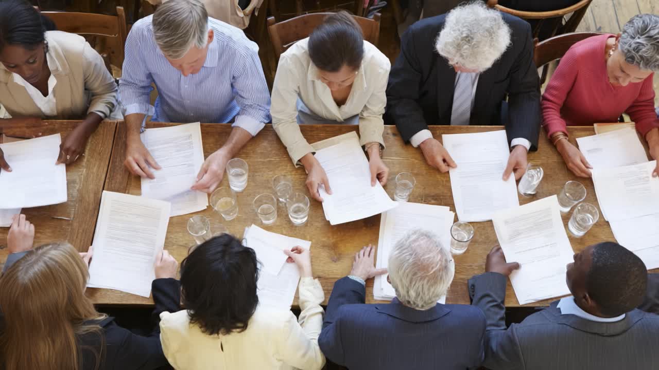 Group of Diverse Individuals Engaged in Collaborative Work Over Papers at a Wooden Table, Analyzing Documents and Sharing Ideas in a Thought-Provoking Setting